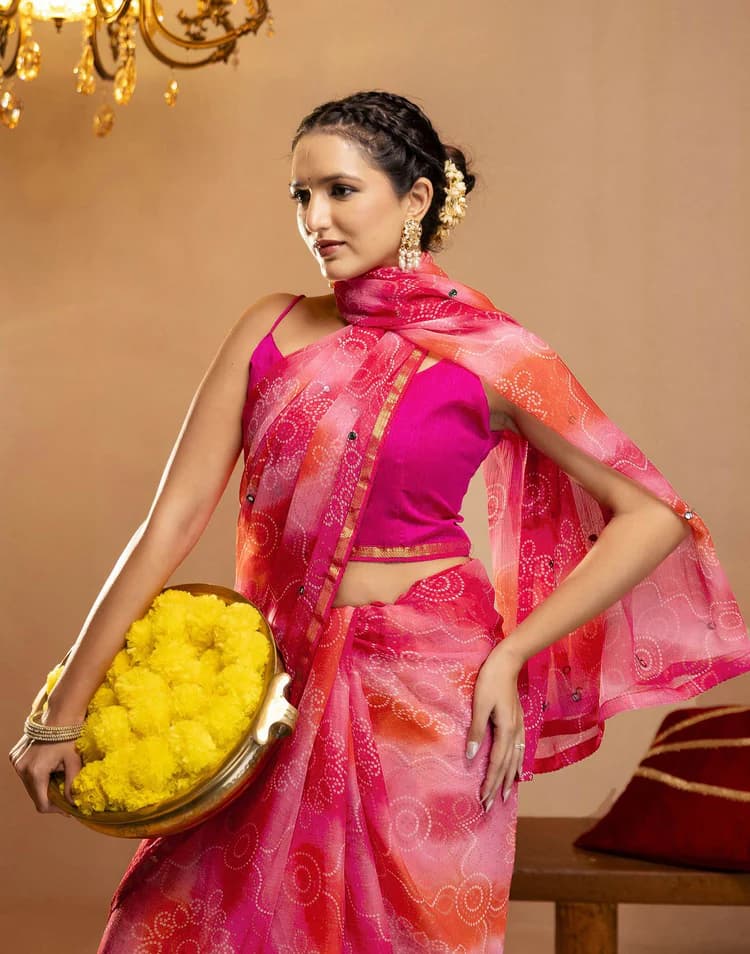 Mirror Work Bandhani Saree